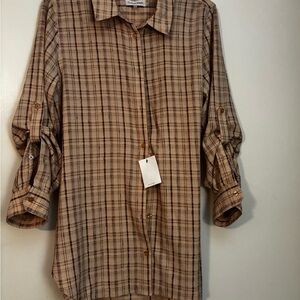 Calvin Klein Plaid Top | Pink Burgundy Cream Beige | Size Medium | NWT